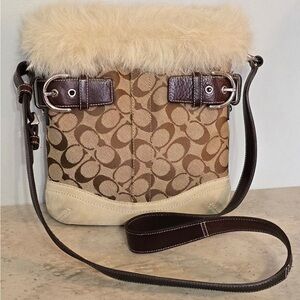 Coach Beige/Brown Signature Canvas Crossbody with Cream Shearling Trim
